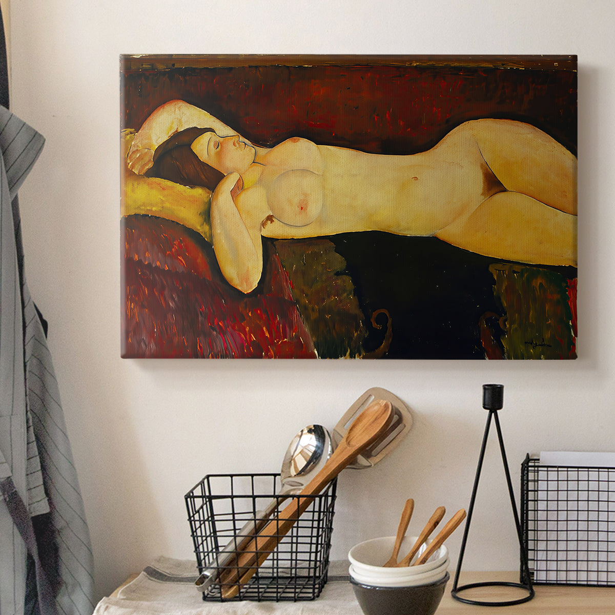 Canvas art print detailing an expressionist depiction of reclining woman with elongated limbs, displayed in a softly lit workspace setting