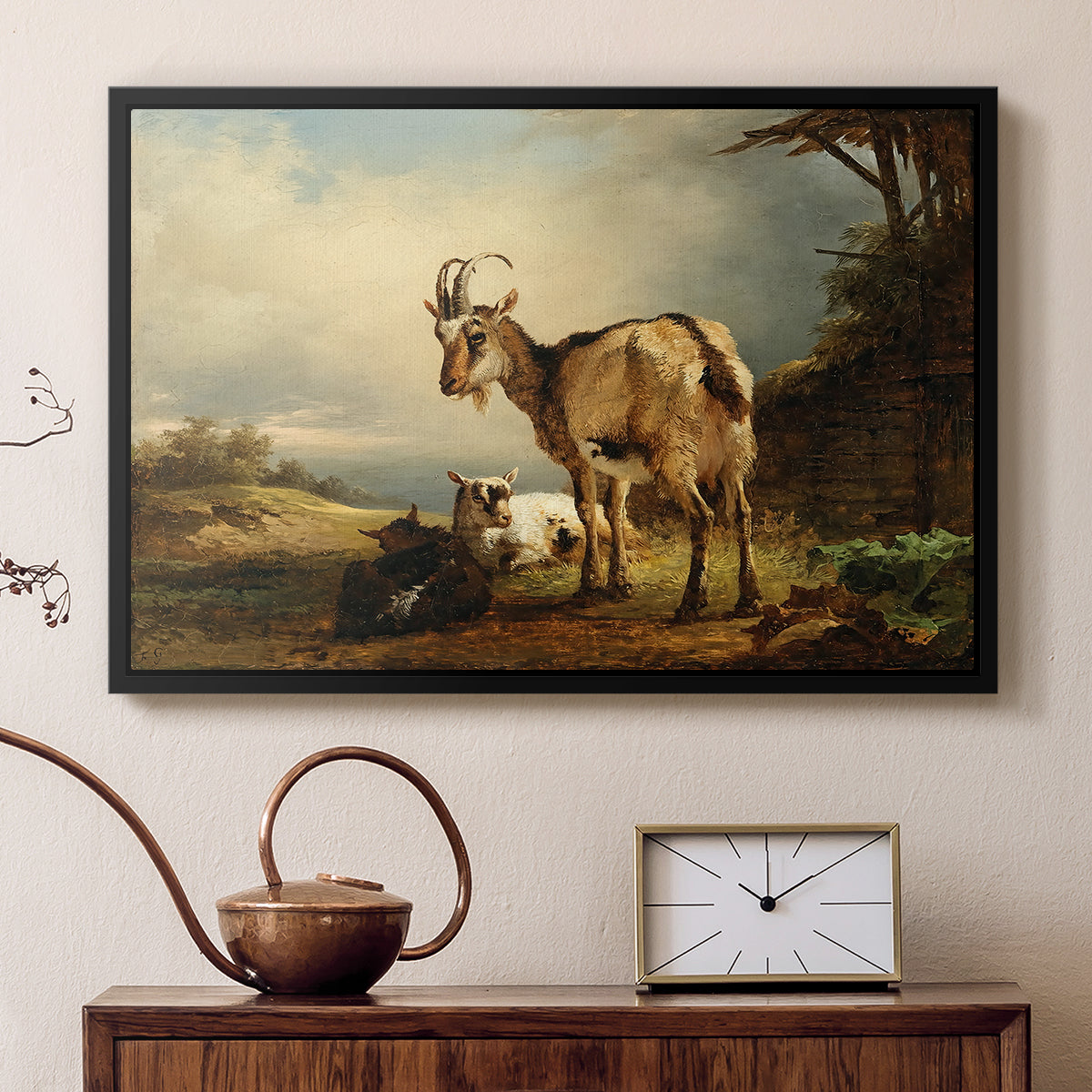 A Goat with Two Kids - Floater Framed Canvas Print