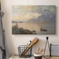 Canvas art print detailing a serene natural setting with water and mountainous backdrop, displayed in a softly lit workspace setting