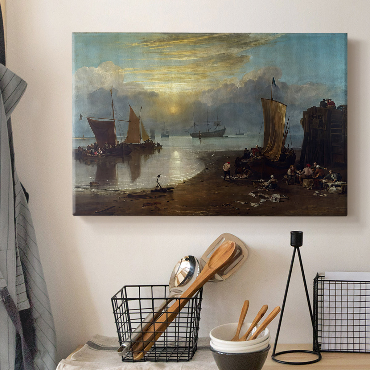 Canvas art print detailing an atmospheric harbor scene, displayed in a softly lit workspace setting