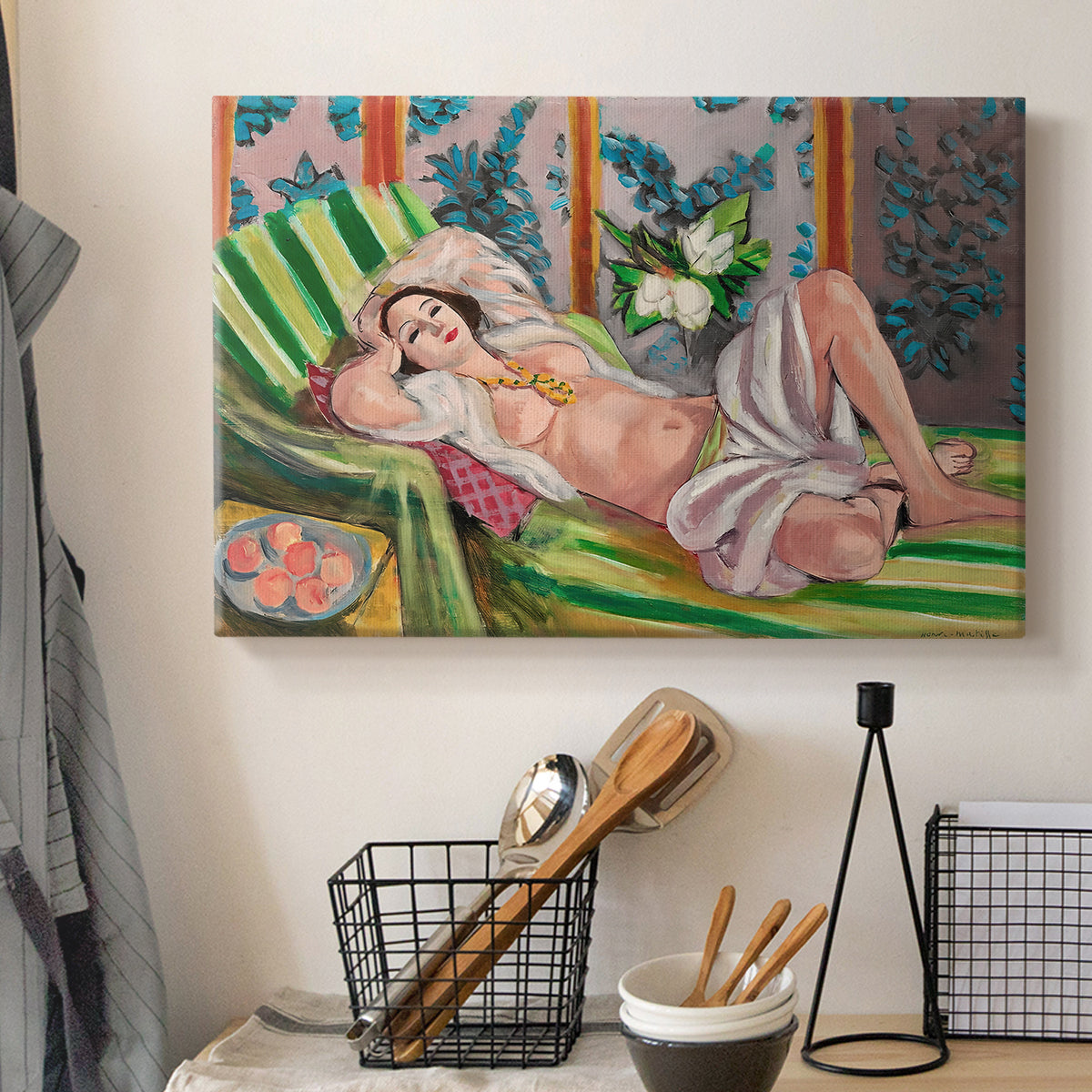Canvas art print detailing a stylized odalisque in a richly ornamented interior, displayed in a softly lit workspace setting