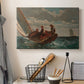 Canvas art print detailing a coastal water scene showing movement driven by wind, displayed in a softly lit workspace setting