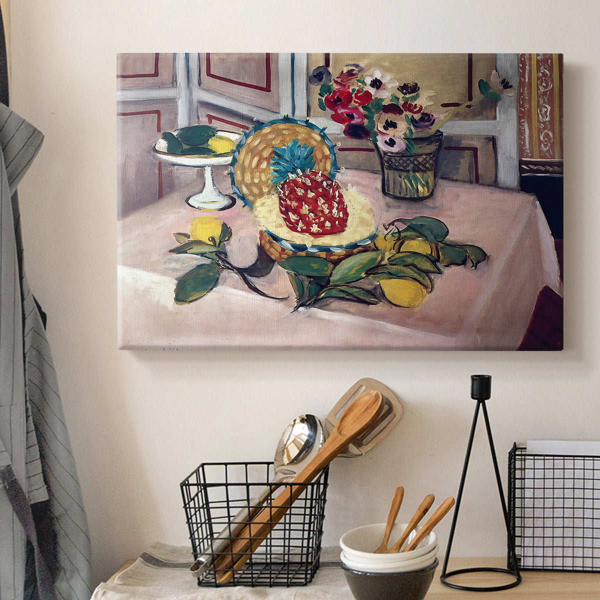 Canvas art print detailing a stylized composition centered on pineapple and lemons, displayed in a softly lit workspace setting