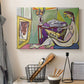 Canvas art print detailing a stylized human figure with layers, displayed in a softly lit workspace setting