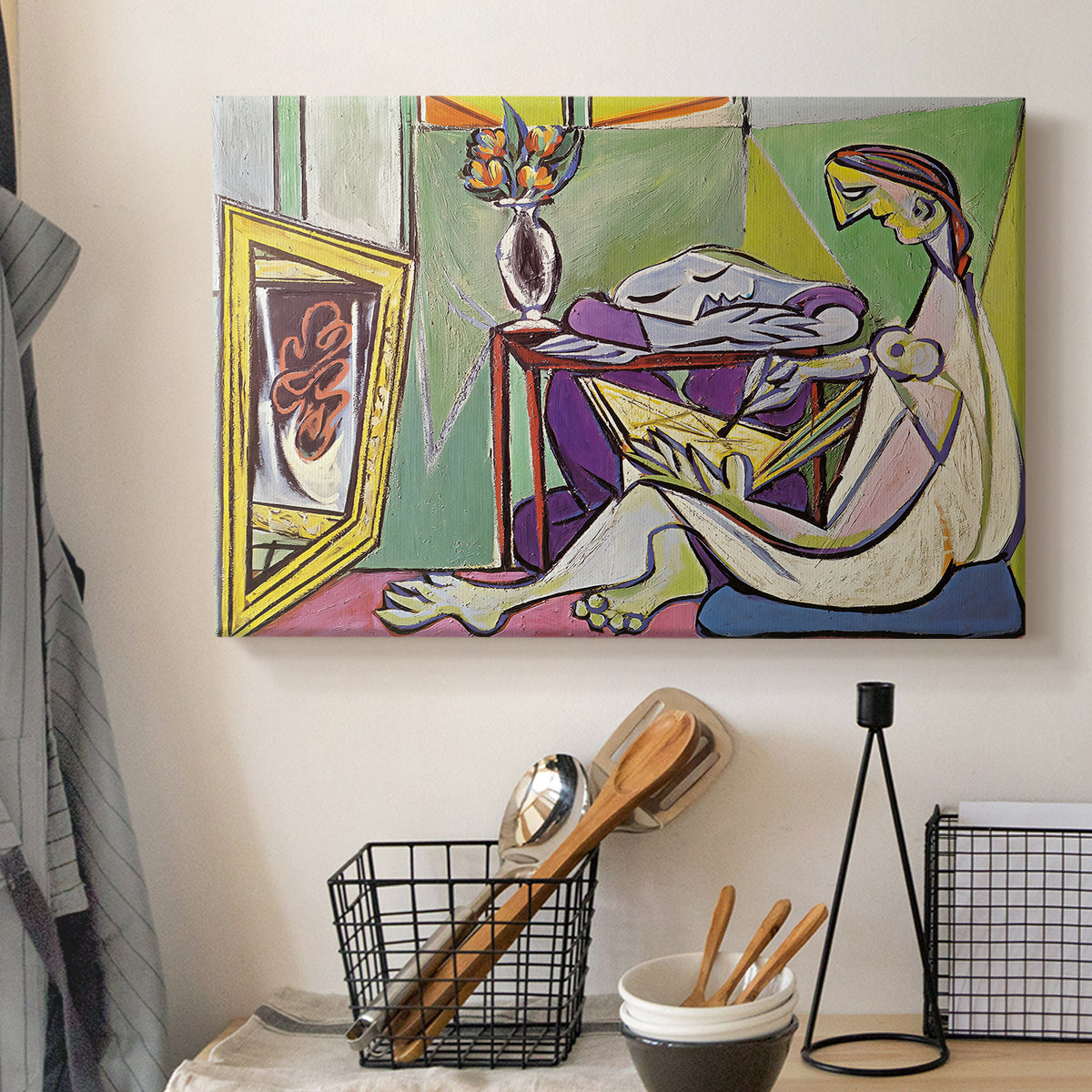 Canvas art print detailing a stylized human figure with layers, displayed in a softly lit workspace setting