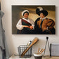 Canvas art print detailing two figures engaged in fortune telling with hidden deception, displayed in a softly lit workspace setting