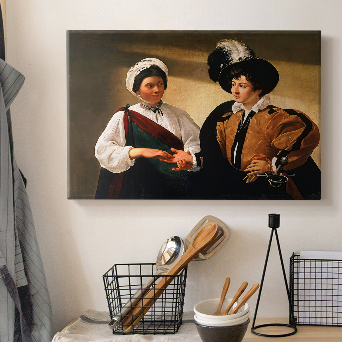 Canvas art print detailing two figures engaged in fortune telling with hidden deception, displayed in a softly lit workspace setting
