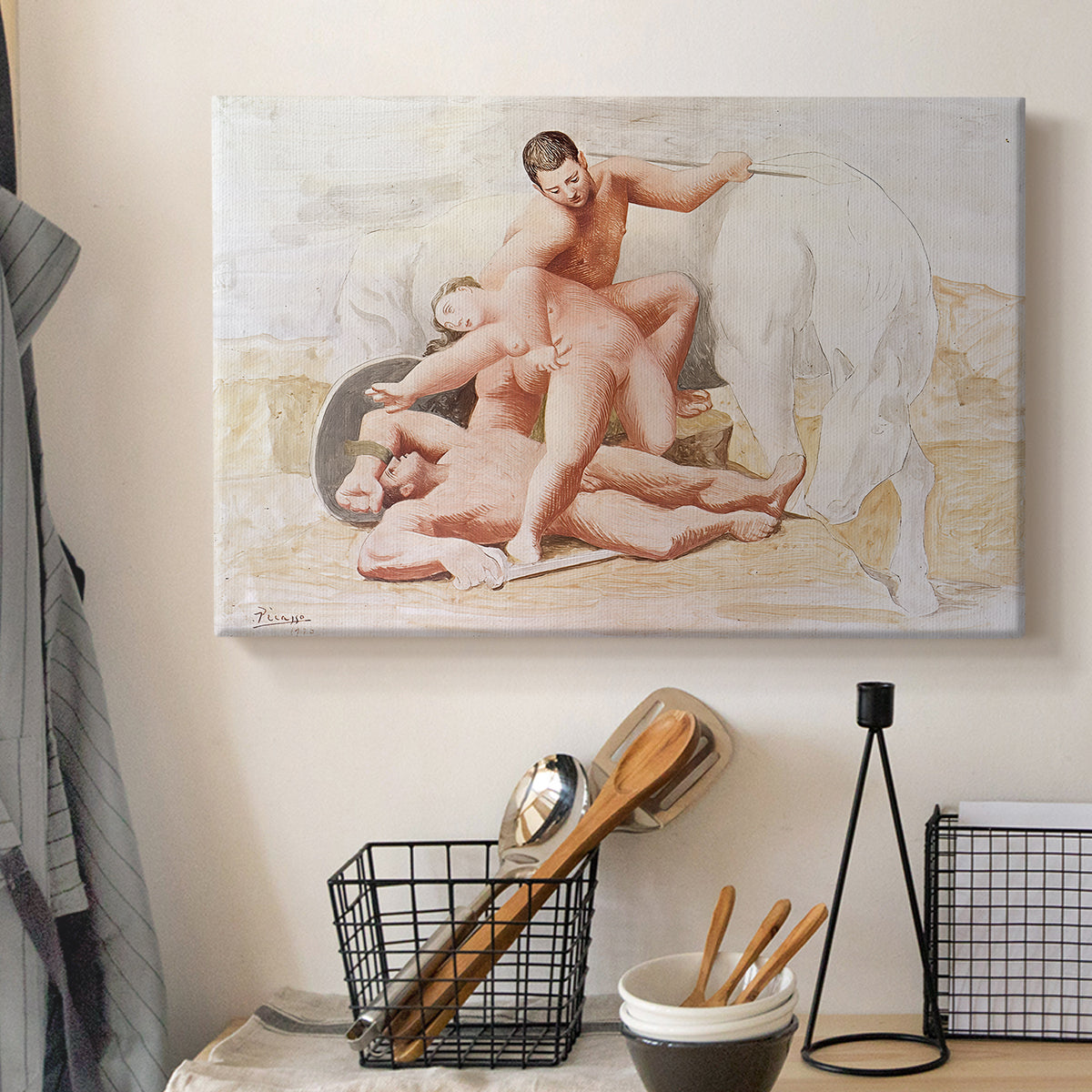 Canvas art print detailing a figurative scene emphasizing gesture, displayed in a softly lit workspace setting