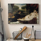 Canvas art print detailing an interior scene with Venus attended by organist and Cupid, displayed in a softly lit workspace setting