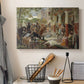 Canvas art print detailing a dynamic composition of warriors attacking in crowded setting, displayed in a softly lit workspace setting
