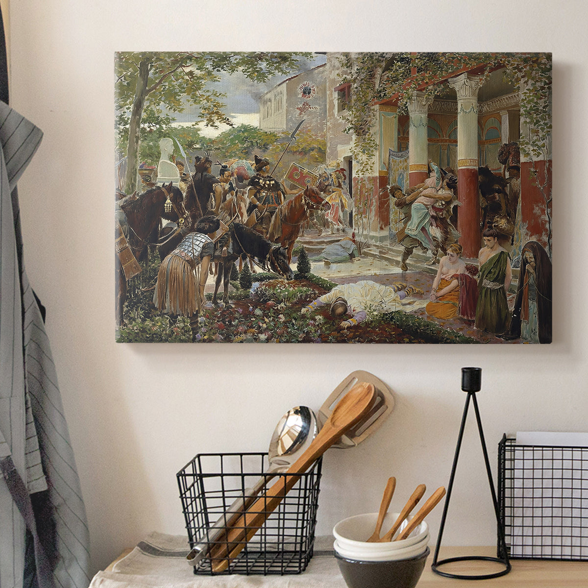 Canvas art print detailing a dynamic composition of warriors attacking in crowded setting, displayed in a softly lit workspace setting