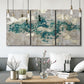 Three-panel canvas wall art featuring layered mineral abstract textures, displayed in a modern living room above seating.