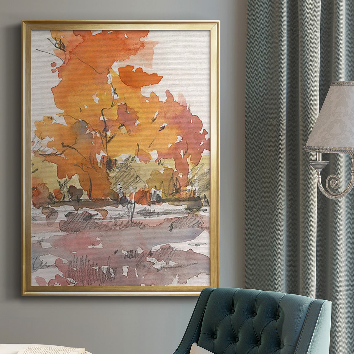 Watercolor Treeline Sketch II - Modern Framed Canvas Print