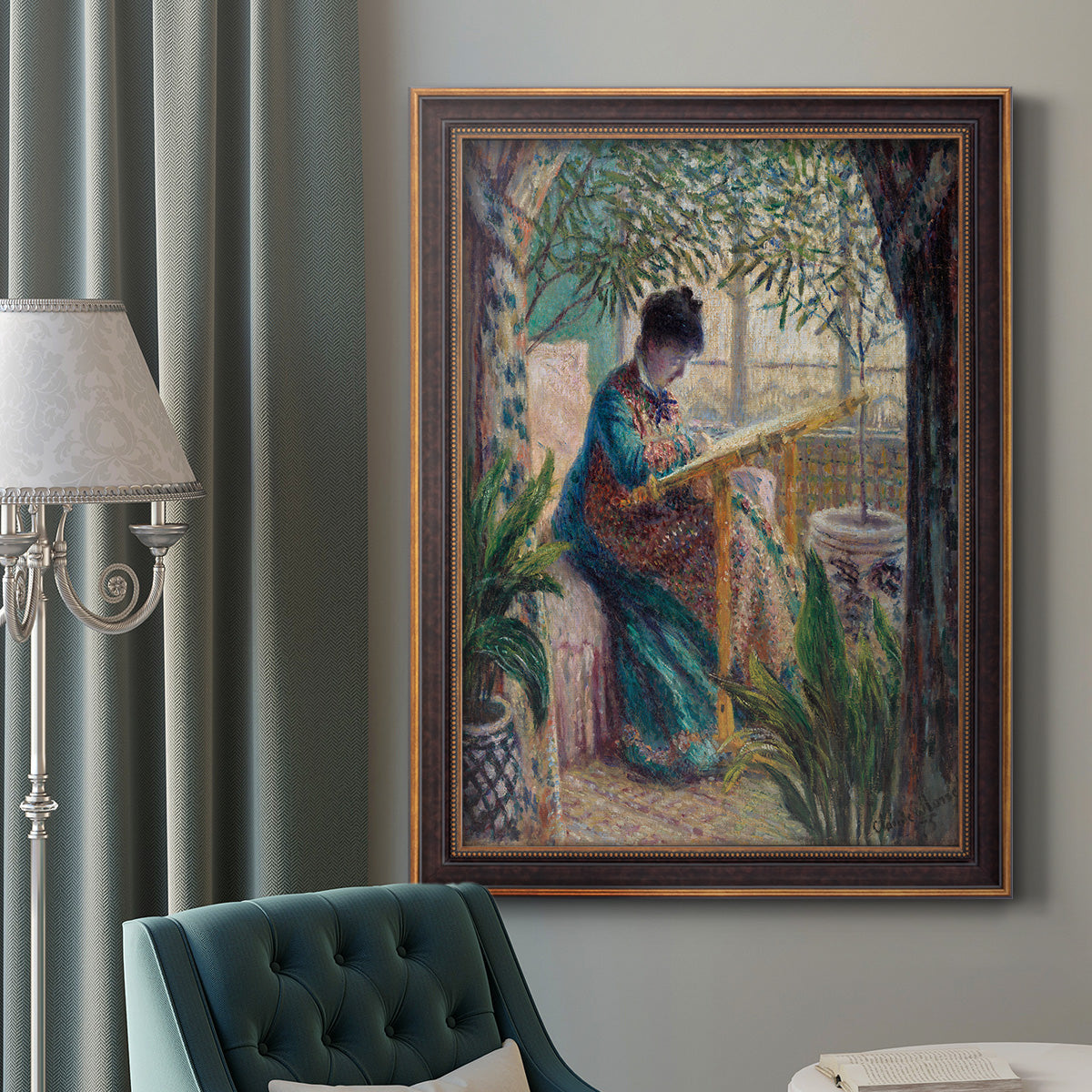Impressionist portrait of Madame Monet sewing by Claude Monet in an ornate bronzed mahogany wood frame displayed in a dark-toned interior setting.