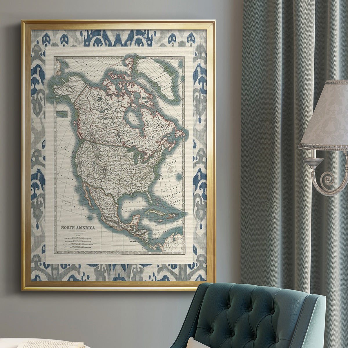 Bordered Map of North America - Modern Framed Canvas Print