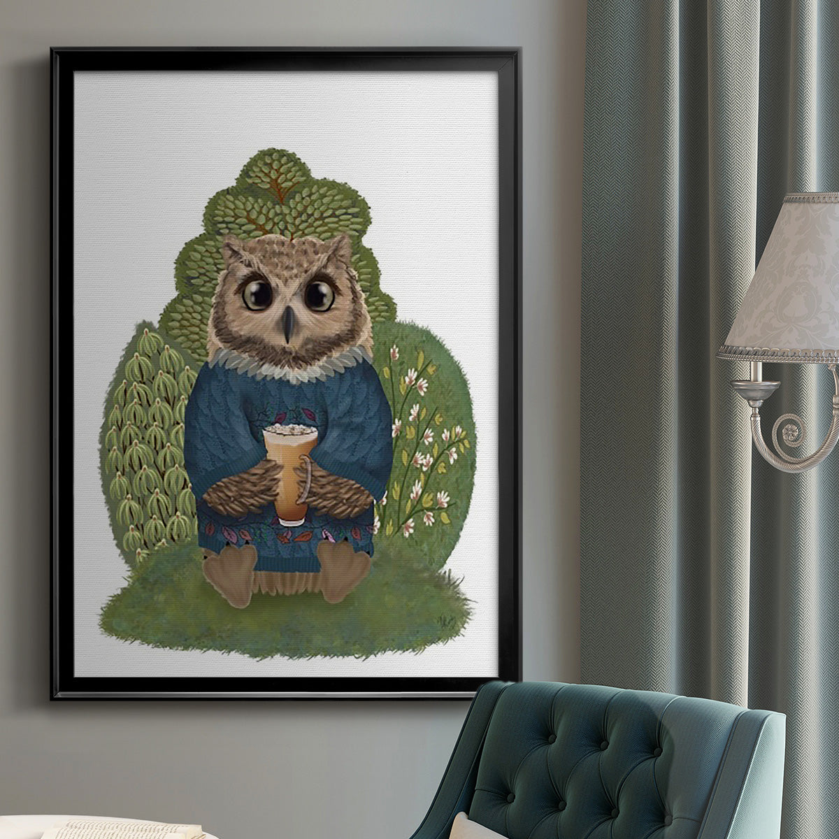 Latte Owl in Sweater - Modern Framed Canvas Print