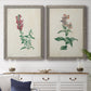 Set of two gray barnwood framed canvas prints depicting antique floral illustrations featuring a tall red bloom and a clustered mauve flower above a dining room sideboard.