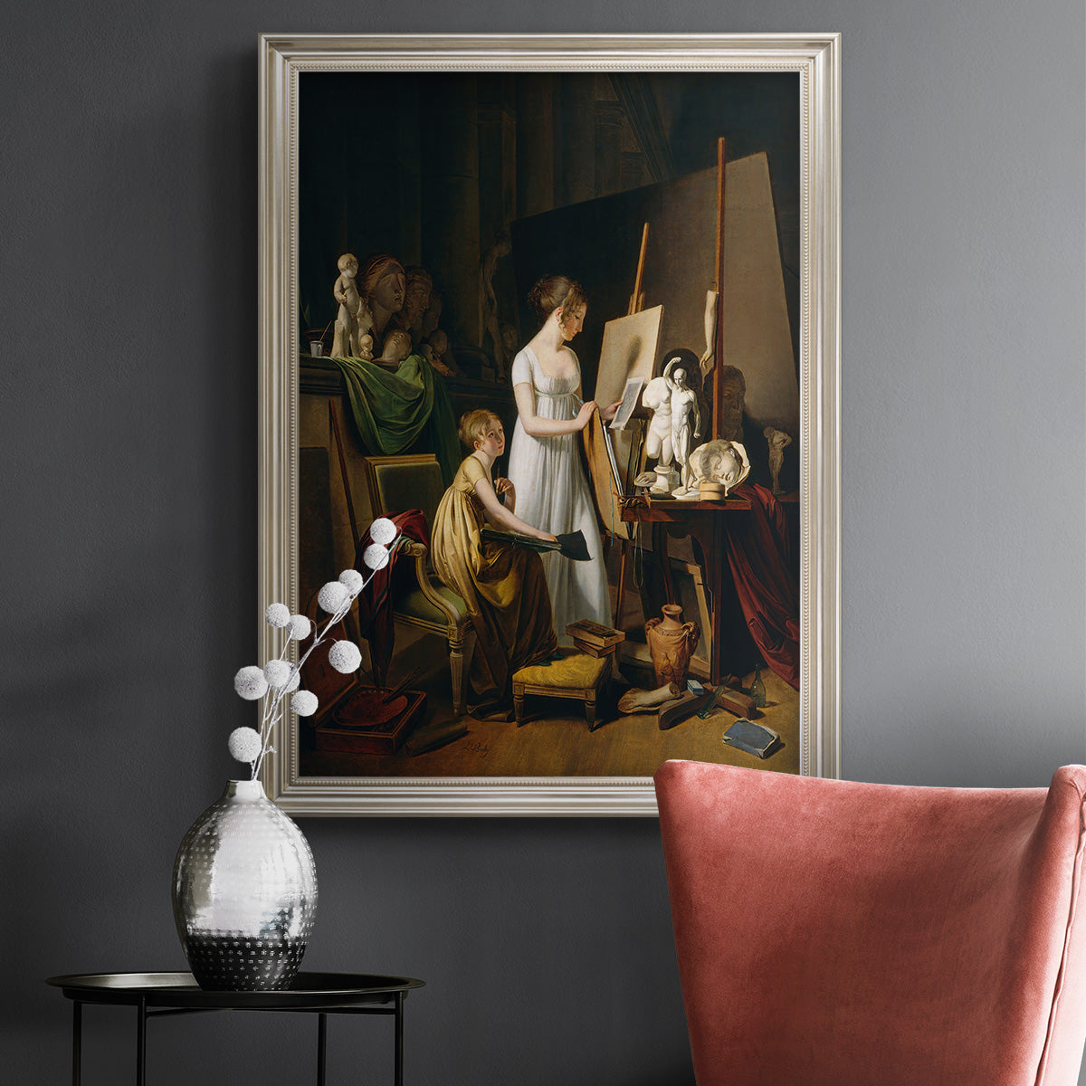 Classical interior painting of an artist at work by Louis-Leopold Boilly in an ornate champagne frame displayed in a dark-toned interior setting.