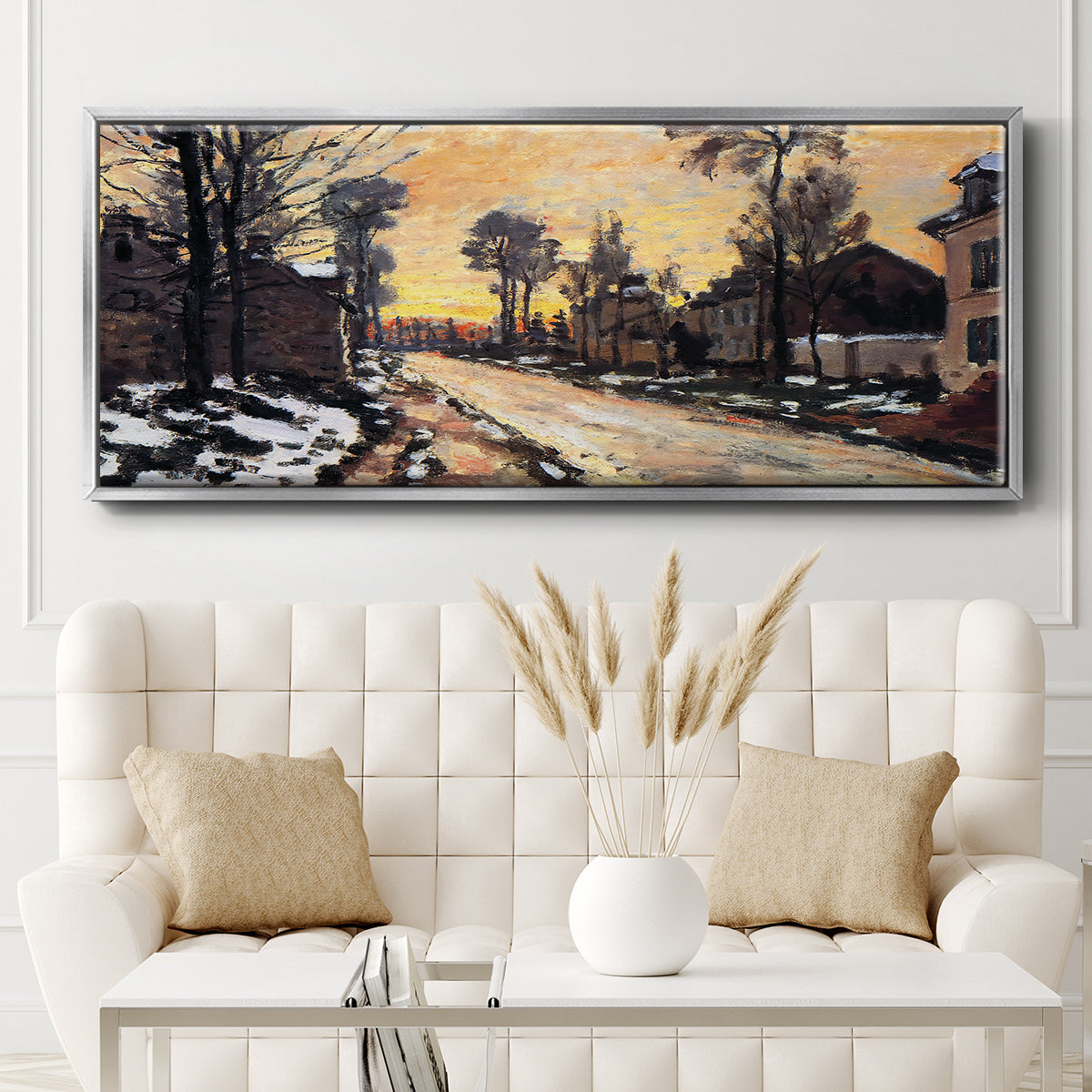 Road at Louveciennes, Melting Snow, Sunset, 1870 - Floater Framed Canvas Print