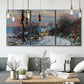 Three-panel canvas wall art featuring snow covered road leading to village, displayed in a modern living room above seating.