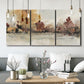 Three-panel canvas wall art featuring autumn landscape with trees and field, displayed in a modern living room above seating.