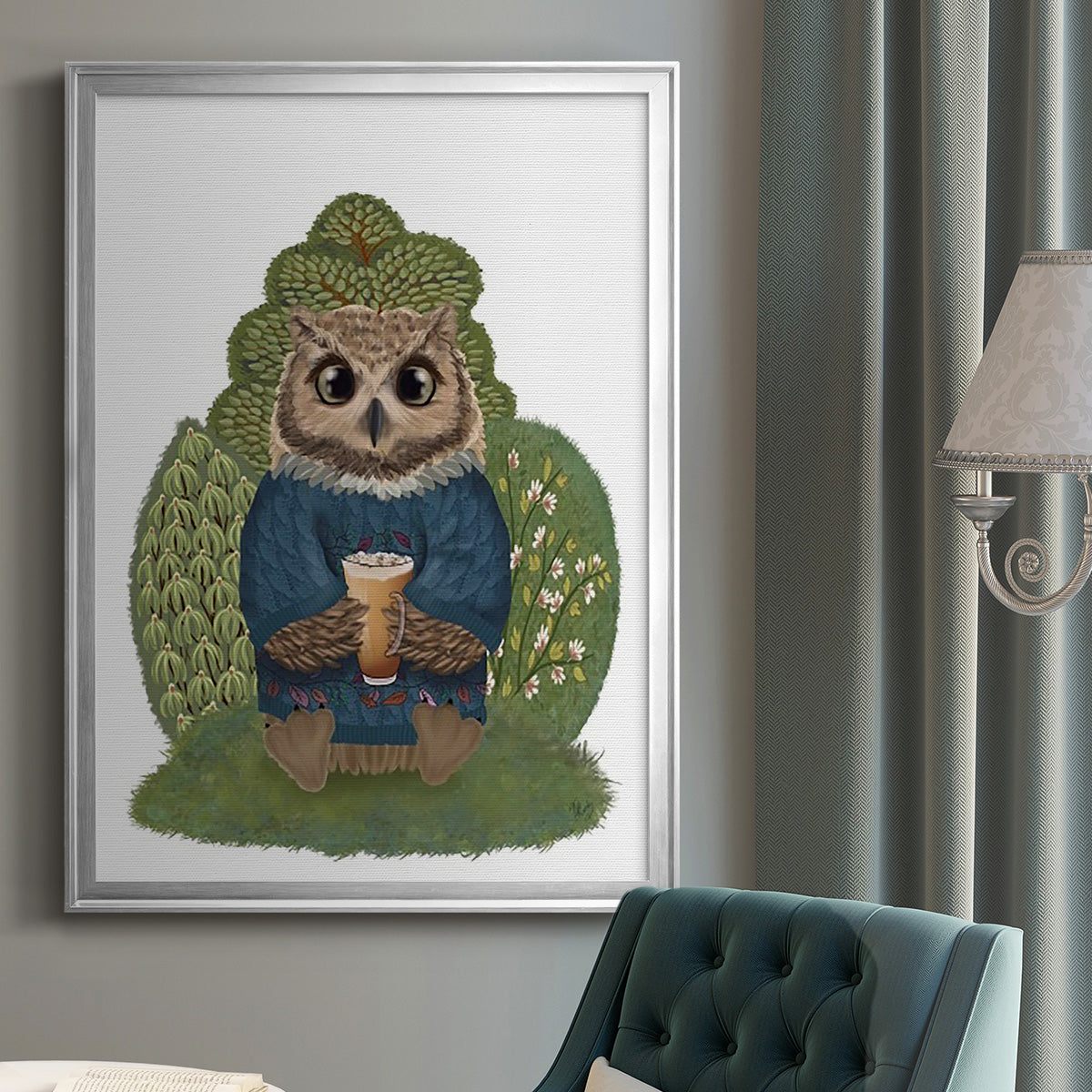 Latte Owl in Sweater - Modern Framed Canvas Print