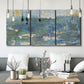 Three-panel canvas wall art featuring sparkling abstract sea surface, displayed in a modern living room above seating.