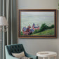 Impressionist coastal villas landscape by Gustave Caillebotte in an ornate bronzed mahogany wood frame displayed in a bright interior setting.