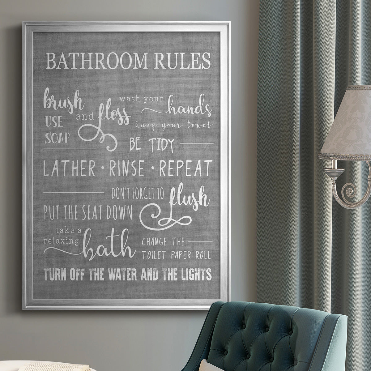 Neutral Bathroom Rules - Modern Framed Canvas Print
