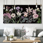 Three-panel canvas wall art featuring early spring blossoms in soft tones, displayed in a modern living room above seating.
