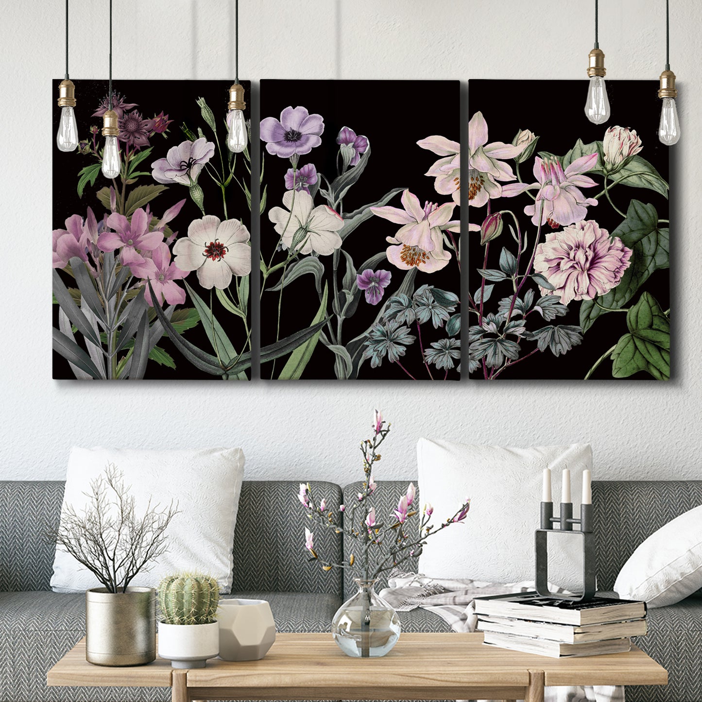 Three-panel canvas wall art featuring early spring blossoms in soft tones, displayed in a modern living room above seating.