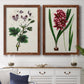 Set of two maple barnwood framed canvas prints depicting a coordinated art pair of colorful flowering plant specimens rendered as antique botanical plate illustrations above a dining room sideboard.
