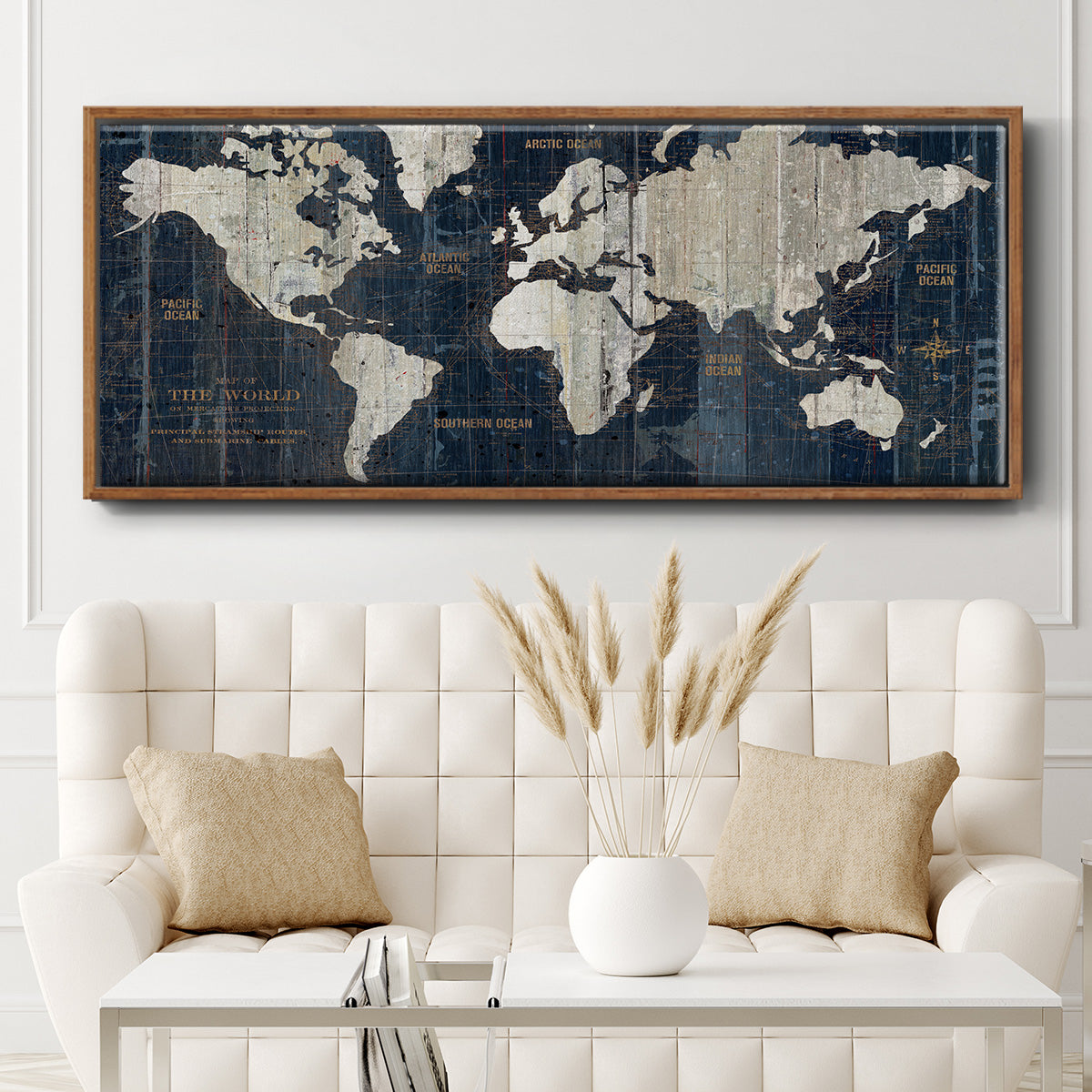 Old World Map Blue - Floater Framed Canvas Print