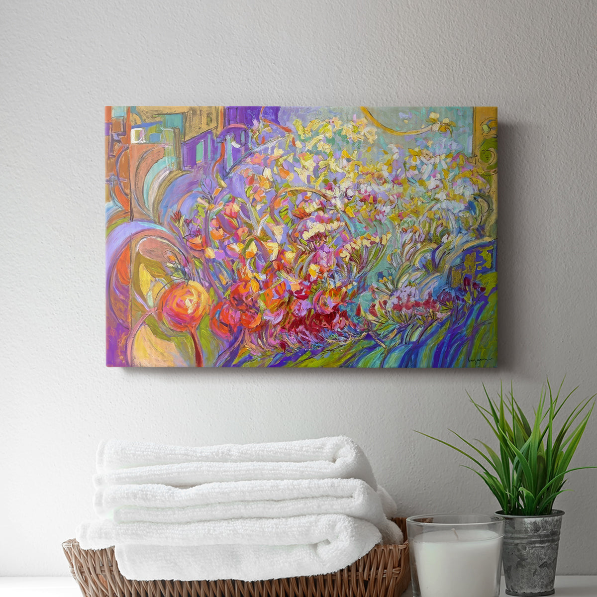 Vibrant floral composition showcasing bright colors and dynamic shapes in an abstract style