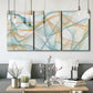 Three-panel canvas wall art featuring flowing abstract curves and wave patterns, displayed in a modern living room above seating.
