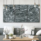 Three-panel canvas wall art featuring abstract view through window forms, displayed in a modern living room above seating.