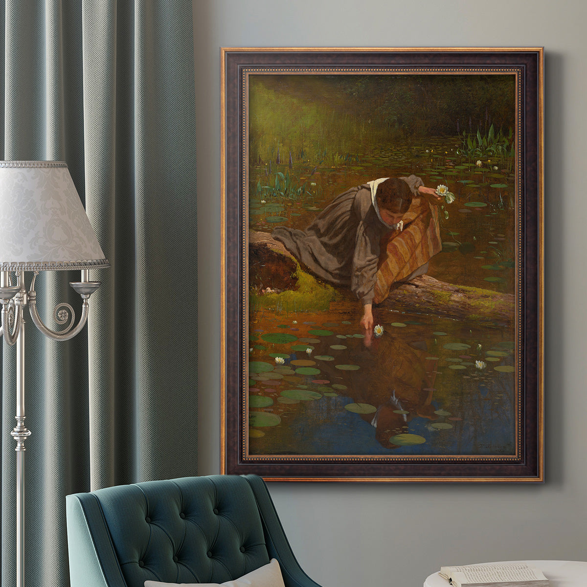 Realist genre painting of figures gathering lilies by Eastman Johnson in an ornate bronzed mahogany wood frame displayed in a dark-toned interior setting.