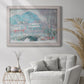 Impressionist coastal village landscape in Norway by Claude Monet in an ornate weathered white frame displayed in a bright interior setting.