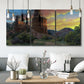 Three-panel canvas wall art featuring dramatic canyon landscape at dusk, displayed in a modern living room above seating.