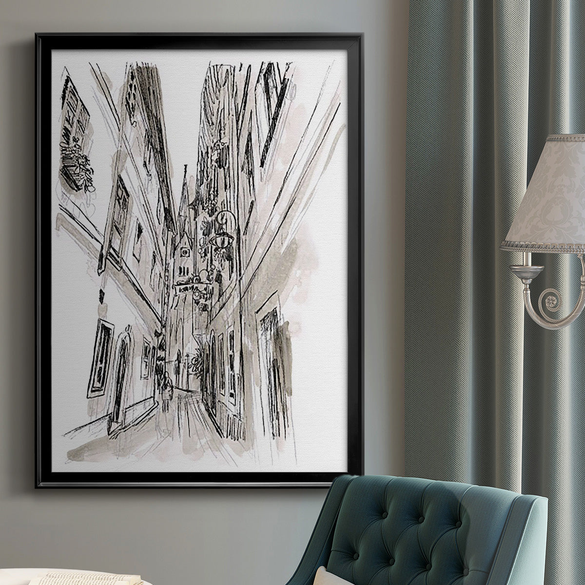 Europe Street Sketches III - Modern Framed Canvas Print