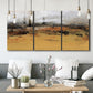 Three-panel canvas wall art featuring abstract bridge landscape in ochre, displayed in a modern living room above seating.
