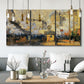 Three-panel canvas wall art featuring calm tropical shoreline at dusk, displayed in a modern living room above seating.