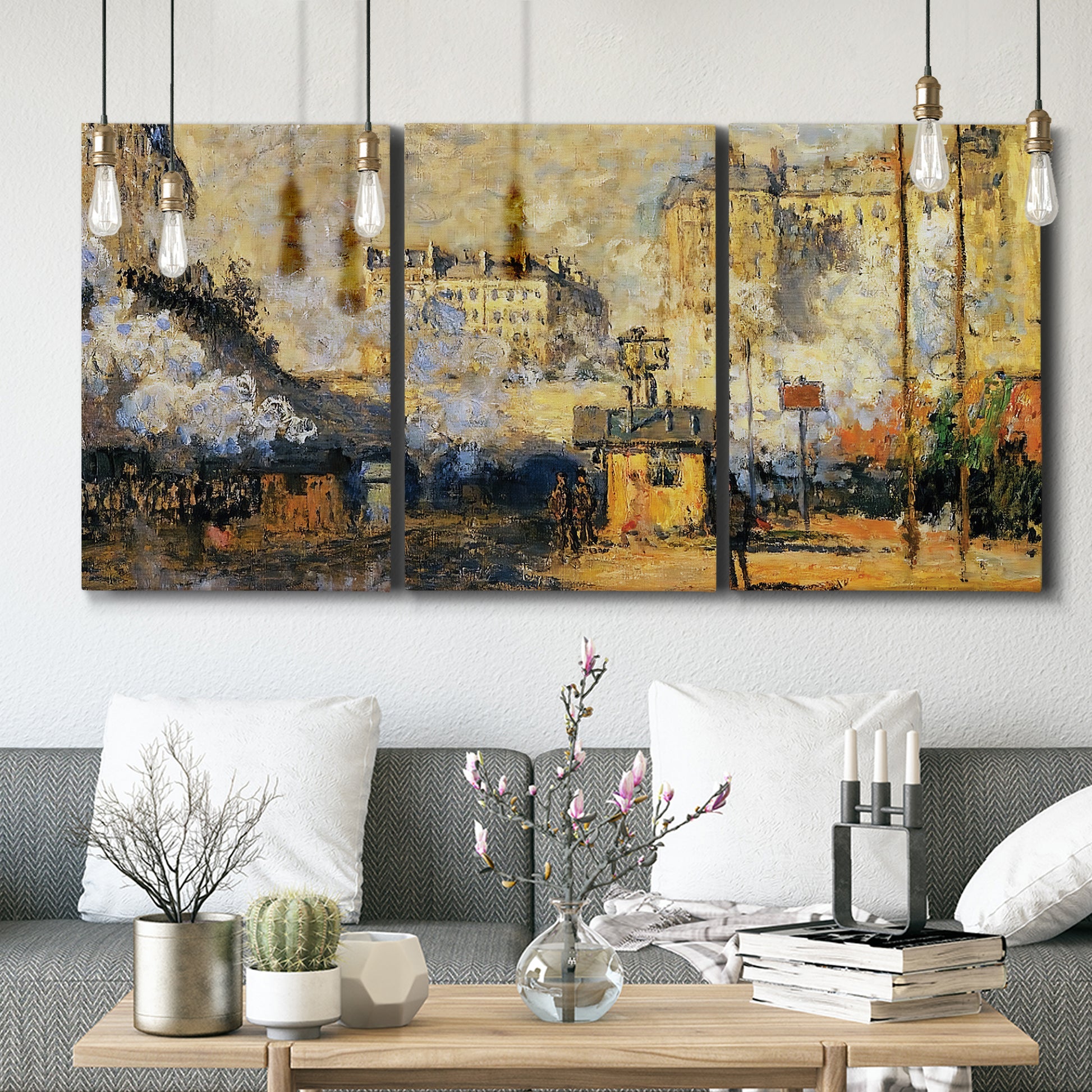 Three-panel canvas wall art featuring calm tropical shoreline at dusk, displayed in a modern living room above seating.