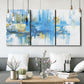 Three-panel canvas wall art featuring blue toned abstract city rhythm, displayed in a modern living room above seating.