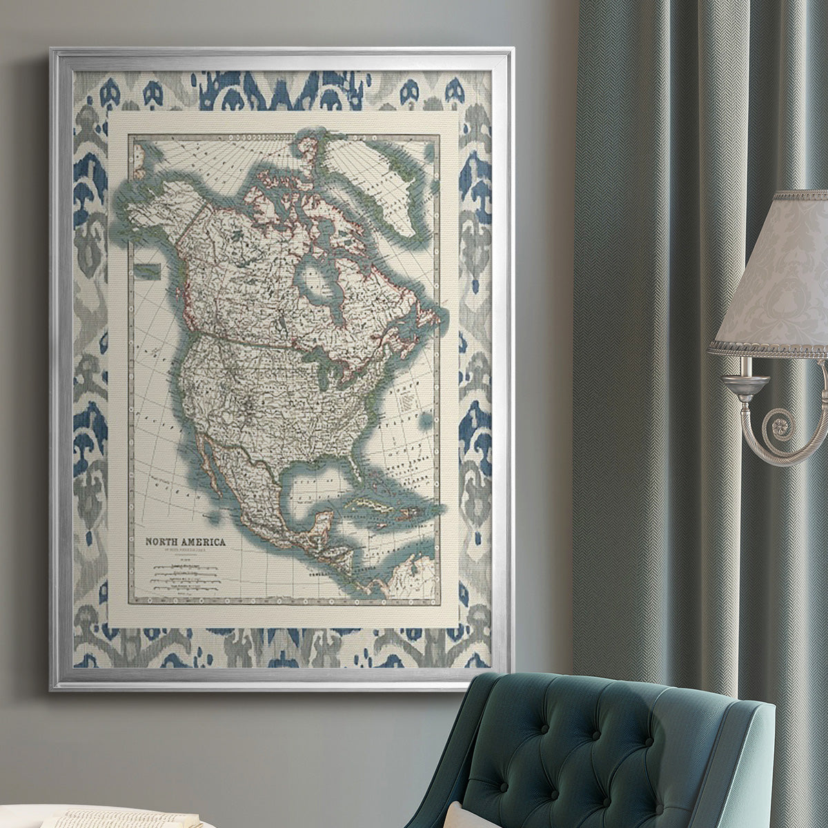 Bordered Map of North America - Modern Framed Canvas Print