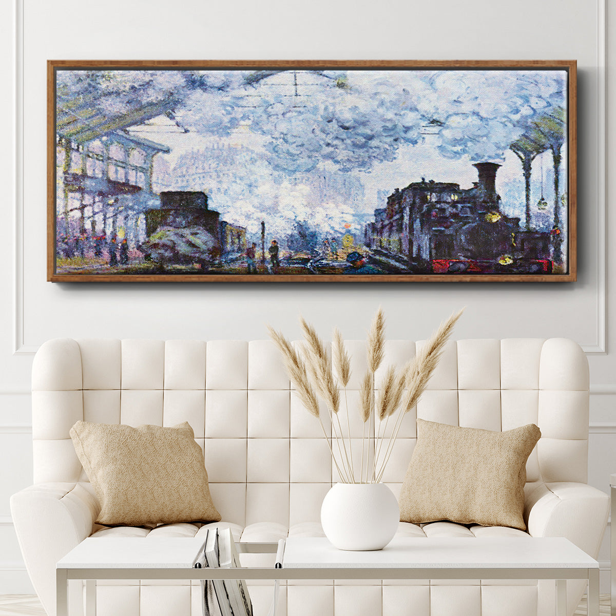 Saint Lazare Station in Paris, Arrival of a Train - Floater Framed Canvas Print
