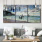 Three-panel canvas wall art featuring figures walking along sandy shoreline, displayed in a modern living room above seating.