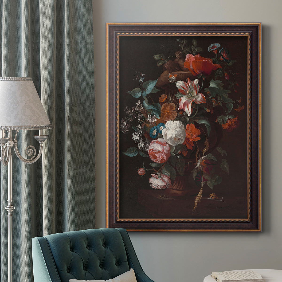 Classical floral still life painting by Jan van Huysum in an ornate bronzed mahogany wood frame displayed in a dark-toned interior setting.