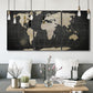 Three-panel canvas wall art featuring antique world map illustration, displayed in a modern living room above seating.