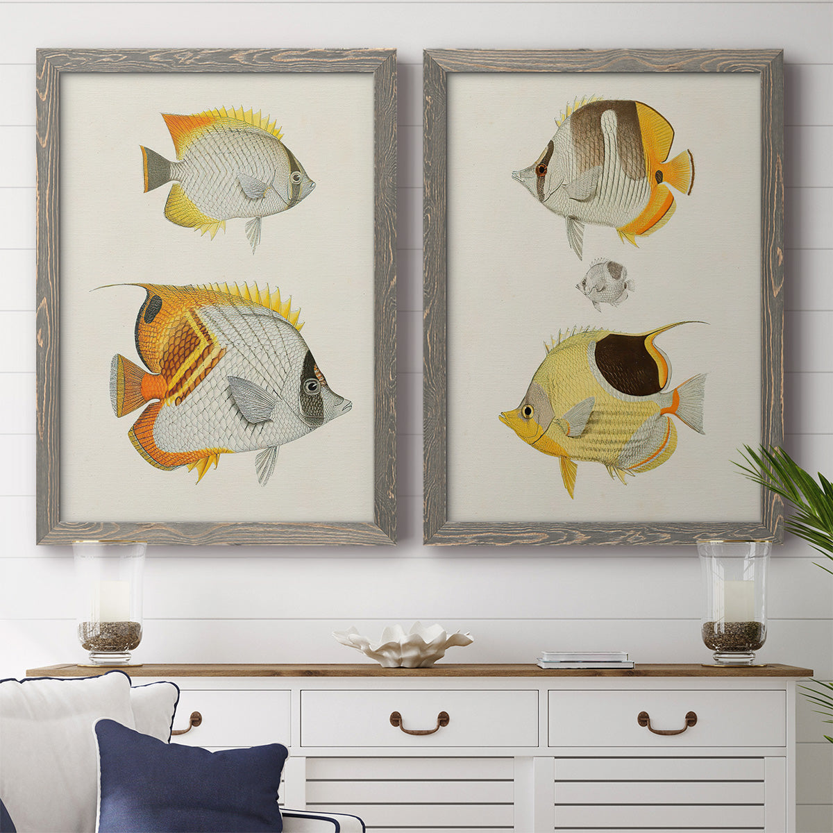 Yellow & Grey Fish I - Premium Framed Canvas 2 Piece Set - Ready to Hang